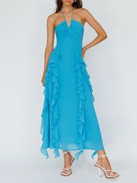 Casual Dresses Women S Halter Long Dress Sleeveless Ruffle Trim Ruched Chiffon Beach Vacation Maxi