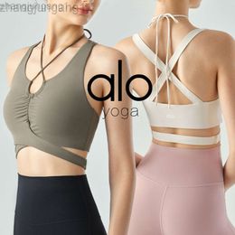 Desginer Alooo Yoga Bra Tanks Womens Droplet Neckline Semi Fixed Cup Chest Cushion Sexy Sling Strap Cross Back Fitness Tank Top