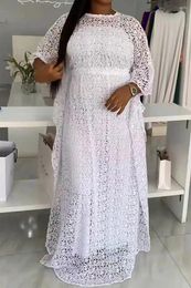 Casual Dresses African Womens Asymmetric Party Dress Seven-quarter Sleeve Hollow Out White Female Clothing Chic Lace Maxi Birthday Prom