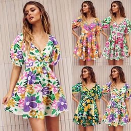 Women's 2024 Summer New V-neck Printed Beach Skirt Lantern Sleeves Short Dress F41843