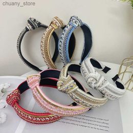 Headbands Bohemian rhinestone artificial pearl knitted headband with shiny sequins and elegant hair accessories Y240417