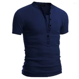 Men's Polos Summer Solid Color Short-sleeved Stand-up Collar V-shaped Slim T-shirt Fashion All-match Simple Button Polo Shirt