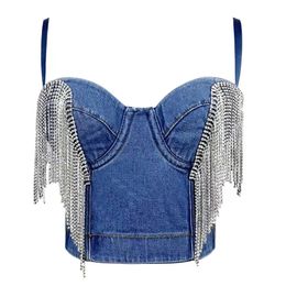 Summer Fashion Tassel Strapless Bra Denim Vest Women Sexy Nightclub Dance Cowboy Camisole Jeans Cropped Top Ropa Mujer240416