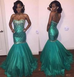 Sparkly Turquoise Prom Dresses Strapless Beaded Sequined Evening Gowns mermaid Stunning Rhinestone Black Girl Party Gowns3943306