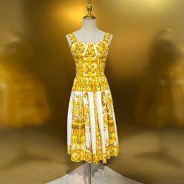 Fancy Dress Womens yellow and white porcelain Printed Gathered Waist Sleeveless Fit&Flare Cami Dress
