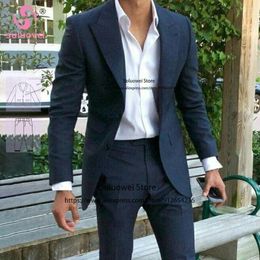 Men's Suits Classic Navy Blue Peaked Lapel For Men Slim Fit 2 Piece Pants Set Formal Grooms Party Wedding Tuxedos Male Business Blazer