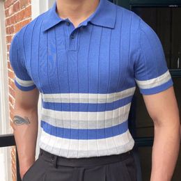 Men's Polos Contrast Colour Striped Casual Mens Knitted Polo Shirt 2024 Business Simple Comfortable Retro Short-Sleeved