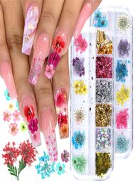 Nail Stickers Real Natural Dried Flowers Nails Art Kit Supplies 3D Applique Manicure Decoration Sequins Glitter Decals for Tips De8123460