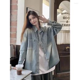 Women's Blouses Retro Gradient Denim Shirt Loose Collar Slimming And High-end Jacket For Women In Spring Autumn 2024