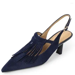 Dress Shoes Sheep Suede Shallow European Designer Summer Tassel Design Pointed Toe Thin High Heels Blue Colour Women Pumps