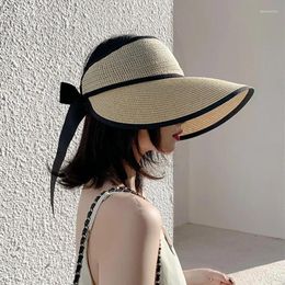 Wide Brim Hats Summer Adjustable Ribbon Empty Top Straw For Women Foldable Large Beach Hat Chapeau Femmeuv Protection Cap