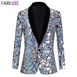 Luxury Laser Sequin Tuxedo Blazer Jacket Men One Button Shawl Lapel Dress Suit Blazer Male Party Stage Prom Singer Costume Homme 240409