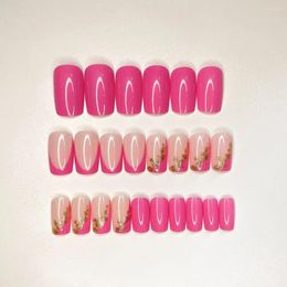 False Nails 24pcs/box Gold Foil Glitter Nail Reusable French Style Medium Length Pink Fake Full Cover Press On Girl