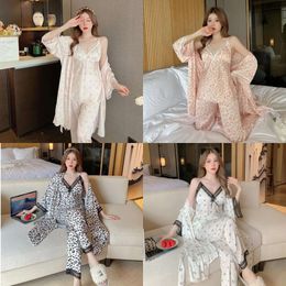 3 Womens Piece Pamas Sets Leopard Print Pijama Faux Silk Satin Pyjama Female Sleepwear Long Sleeve Shirt Cami Pants Homewear 240226