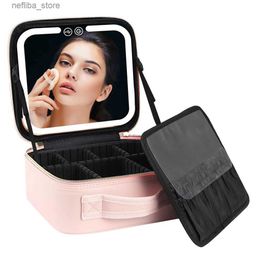 Cosmetic Bags Makeup Train Case with Lighted Mirror 3 Colour Setting Travel Cosmetic Makeup Bag Organiser with Adjustable Dividers Pink L410