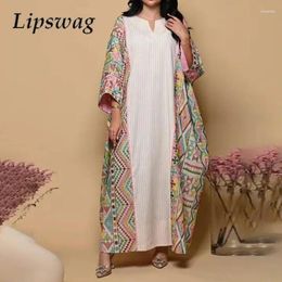 Casual Dresses Ethnic Vintage Pattern Patchwork Loose Female Dress 2024 Elegant Women V-Neck 3/4 Sleeve Beach Long Maxi