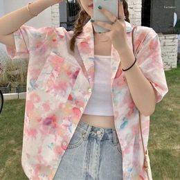 Women's Blouses Summer Women Chic Tie Dye Floral Printed Blouse Button Up Turn Down Collar Casual Pink Shirt Teen Girls Fashion Streetwear