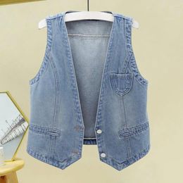 Women's Vests Ladies Denim Vest Vintage Streetwear For Women V Neck Waistcoat With Double Buttons Firm Stitching Hop Style Fall