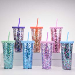 Plastic Straw Shiny Tumblers Double Layers Cold Water Cups Drink Bottles Ice Sipper 700ml Capacity With Lids Mugs Coffee Termos Summer Drinking Ware Thermos