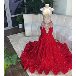 Sexy Glitter Red Mermaid Prom Dresses 2023 Sheer Neck Crystal Sequins Birthday Party Gowns Homecoming Robe De Bal 0418