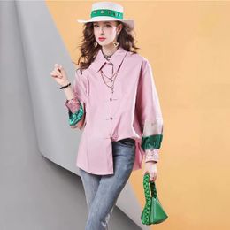 Women's Blouses Spring High Quality Pink Shirt Contrast Colour Stitching Loose Embroidered Casual Blous Top For Women