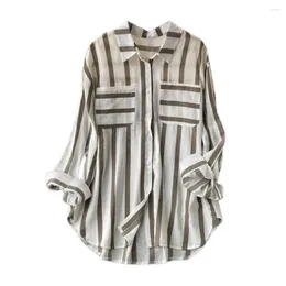 Women's Blouses Women Vertical Stripe Shirt Trendy Casual Striped With Lapel Collar Loose Fit Single Breasted Long For Streetwear