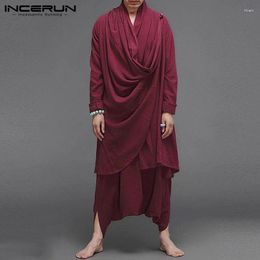 Men's Tracksuits INCERUN Solid Colour Men Sets Cotton Vintage 2024 Turtleneck Irregular Cloak Coats & Drop Crotch Pants 2PCS Streetwear Mens