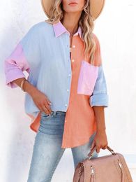 Women's Blouses Women Button Down Shirts Oversized Long Sleeve Colour Block Collared Boyfriend Blouse Tops With Pocket