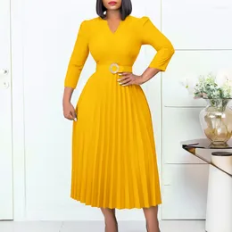 Casual Dresses Elegant Office Lady Solid Colour A-Line Dress BeltDecor V-Neck Three Quarter Sleeve High Waist Autumn Slim Pleated Long