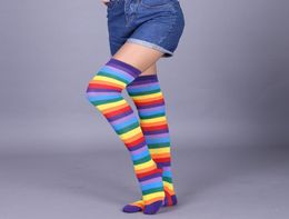 New Women Fashion Lady Thigh Over Knee Socks Rainbow Arrival High Striped Long Stripey Stocking Sock breathing good elasticity Sto4014412