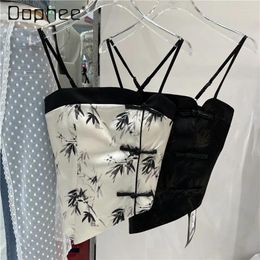 Women's Tanks Girl Ethnic Style Ink Printing Satin Sling Tops Spring And Summer 2024 Sexy Slimming Buckle Sleeveless Top