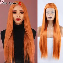 Orange 13*2.5 syntetisk spets front peruk glueless spets frontala peruker för kvinnor rak peruk värmebeständig fiber cosplay peruk parti spetsar peruker blåsiga