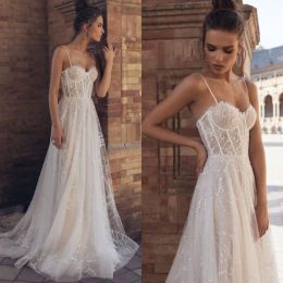 2024 Lace Sequins Wedding Dresses Sexy Spaghetti Straps A-Line Bridal Gowns Custom Made Backless Sweep Train Plus Size Wedding Dress