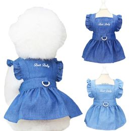 Spring Summer Dog Dress for Small Kitten Dogs Clothes Puppy Letters Embroidered Jean Strap Dresses Chihuahua Skirts Pet Costumes 240411