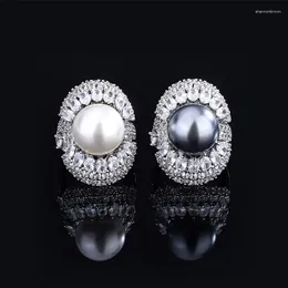 Cluster Rings Elegant Women Jewelry 14mm Round White Grey Shell Pearl Cubic Zircon Mirco Paving Clear Adjustable Ring