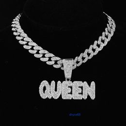 2024 New Trendy Letter Queen Pendant Cuban Chain Necklace Bling Hipster Alloy Full Drill Collarbone