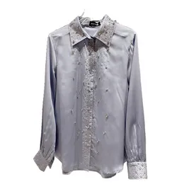 New women fashion rhinestone patched shinny bling satin fabric turn down collar long sleeve blouse desinger shirt SML