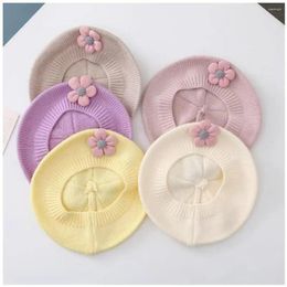 Hats Knitted Baby Beret Hat Fashion Flower Warm Kids Berets Solid Colour Princess Autumn Winter