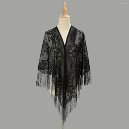 Scarves Fashion Solid Lace Triangle Scarf Hollow Female Summer Shawls Mesh Tassel StolesWedding Evening Dress Cloak Sunscreen Shawl 2024