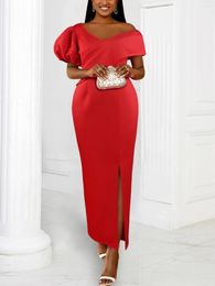 Party Dresses AOMEI Red Formal Evening Gowns Elegant Women Bare Shoulder V Neck Puff Sleeve Slit Irregular Long Classy Celebrate 2024