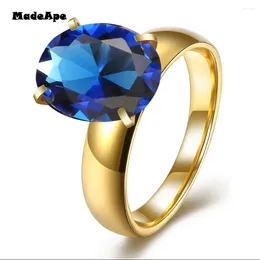 With Side Stones MadeApe Gold Color Stainless Steel Women Wedding Blue Zircon For Engagement Ring Couple Jewelry Gift