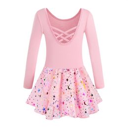 Stage Wear Girls Ballet Leotards For Dance Hollow Crisscross Back Short Sleeve Shiny Skirt