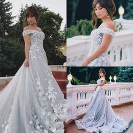 Elegant Silver Off The Shoulder Wedding Dresses 3D Floral Appliqued Bridal Gowns Modest Plus Size Lace Wedding Dress