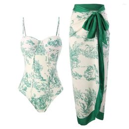 Women's Swimwear Retro Print One-piece Swimsuit Stylish Set With Lace-up Skirt Floral Cover Up Tummy Control For