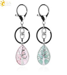 CSJA Fashion Water Drop Keychains Key Ring Key Holder Reiki Natural Stone Amethyst Lava Tree of Life Pendant for Car Motorcycle Ba1207255