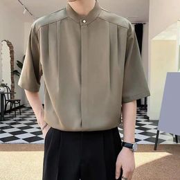 Men's Casual Shirts Men Solid Colour Shirt Lightweight Top Stylish Stand Collar Ice Silk Cardigan For Summer Office Wear Pleated Loose Fit