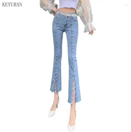 Women's Jeans High Waist Stretch Skinny Flared Denim Pants 2024 Spring Blue Retro Washed Elastic Split Beaded Slim Trousers