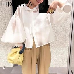 Women's Blouses Bow Lace-up Stand Collar Women Loose Lantern Sleeve Subtranslucent Sun Protection Shirt 2024 Spring Summer Solid Blusas