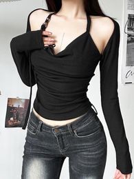 Women's T Shirts Stylish Cut Out Long Sleeved Fitted T-shirt Minimalist Halterneck