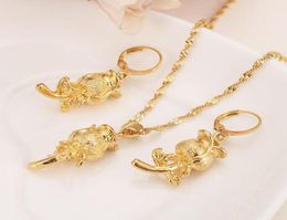 Christmas 24k Yellow solid fine gold GF root flower rose Bridal Jewellery Set Women pendant Earrings girls charm party gift New4108817